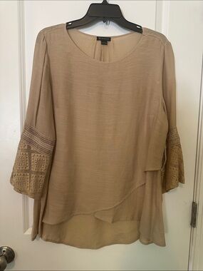new directions Beige Layered Crochet-Sleeve Blouse